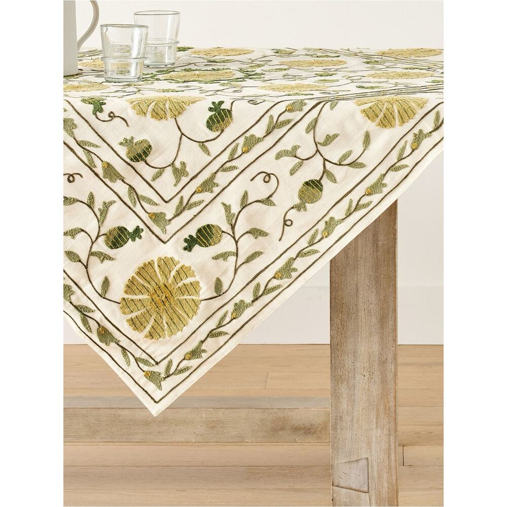 Pottery Barn Wren Embroidered Floral Yellow Green Cotton Table Cloth Throw 50"